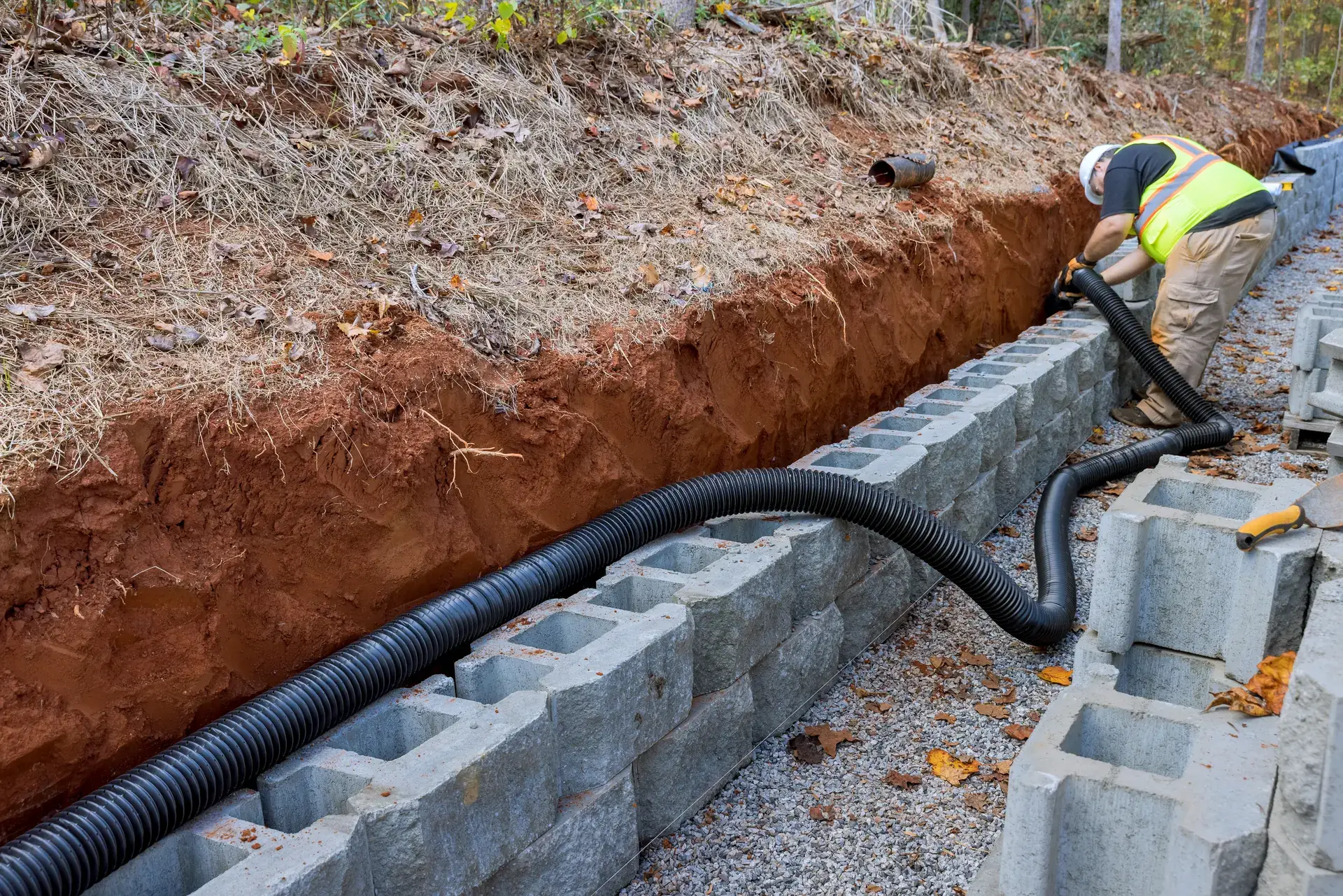 Worker laying black corrugated drain pipe in a trench along a block retaining wall